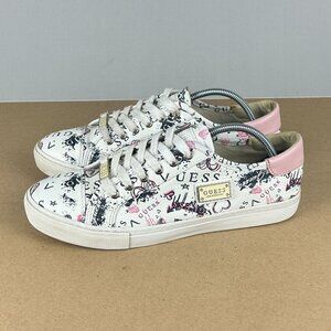 Guess Mineral Sneakers Womens 9 White Pink Low Top Lace Up Graffiti Casual
